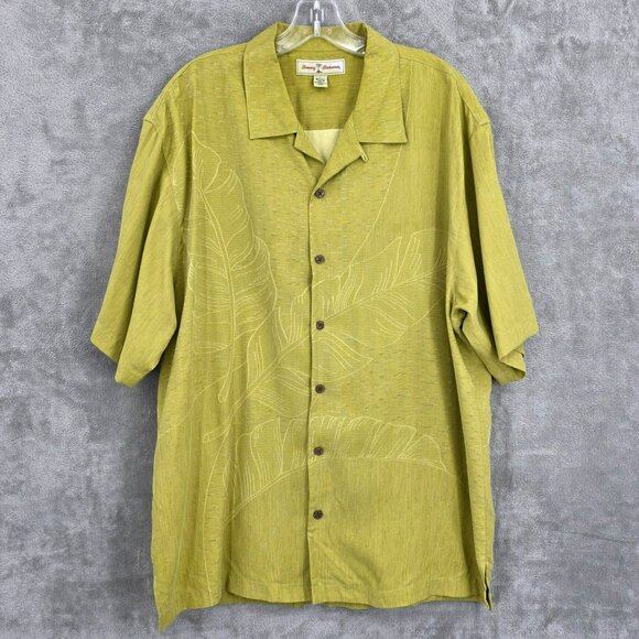 Tommy Bahama Loop Collar Silk Shirt L Yellow Green Tropical Textured Leaf Print - Picture 10 of 10